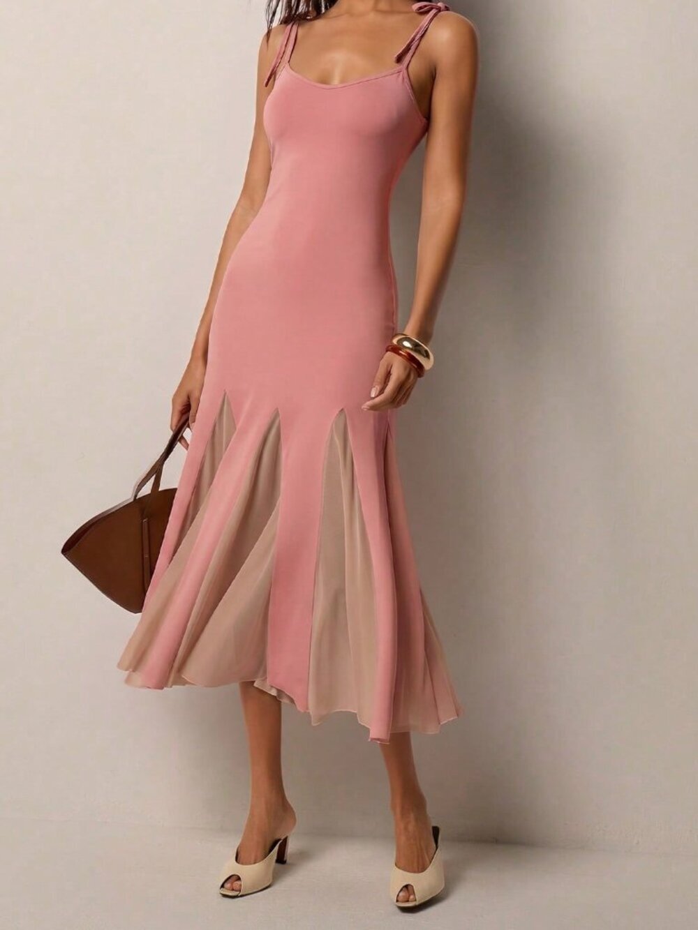 Chocolate Brown Elegant Women's Tie Shoulder Strap Patchwork Hem Midi Dress